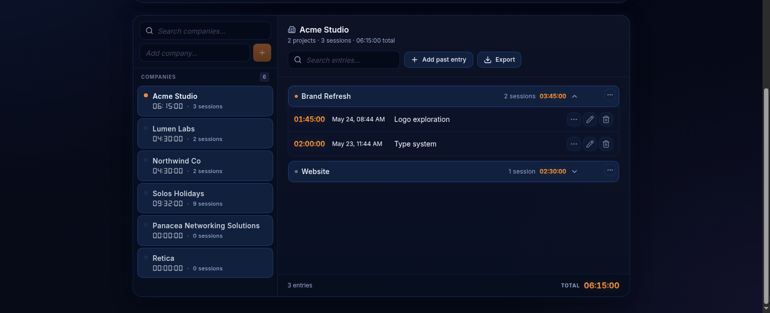 Tickr tracked sessions view with a sidebar of companies and expanded project entries on the right
