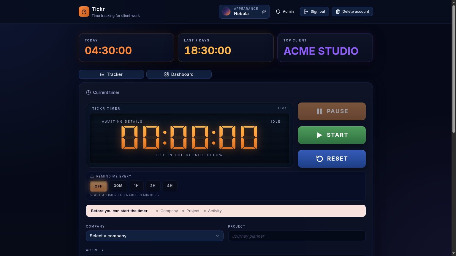 Tickr timer screen in the Nebula theme showing the LCD-style stopwatch with Pause, Start and Reset controls